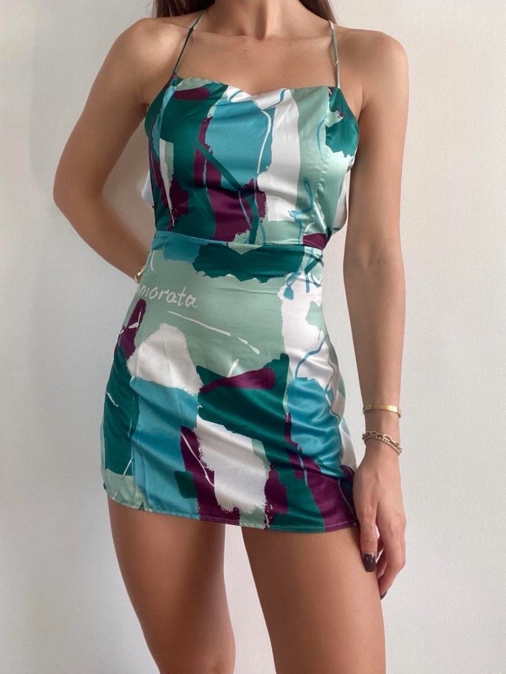 Inamorata Varick Mini Dress Green Abstract Print Tie Back Satin Bodycon